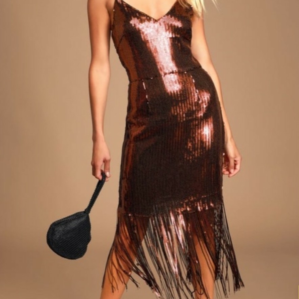 NWT lulus bronze anjou fringe sequin dress